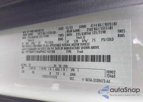 2023 Ford Transit-250 z USA, uszkodzony, nr VIN 1FTBR1Y84PKC10758